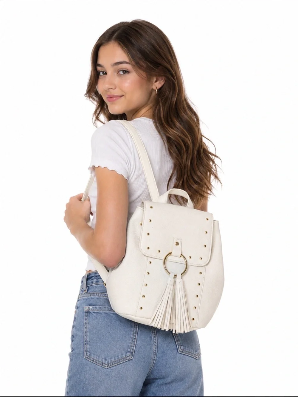 Justice White Tassel Accent Backpack Purse - Stylish Women’s Bag tween bag
